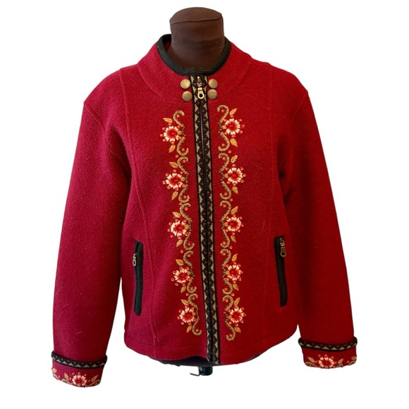Nordic Design Wool Red Zip Front Cardigan Floral Embroidery, Womens size Medium - Picture 1 of 13